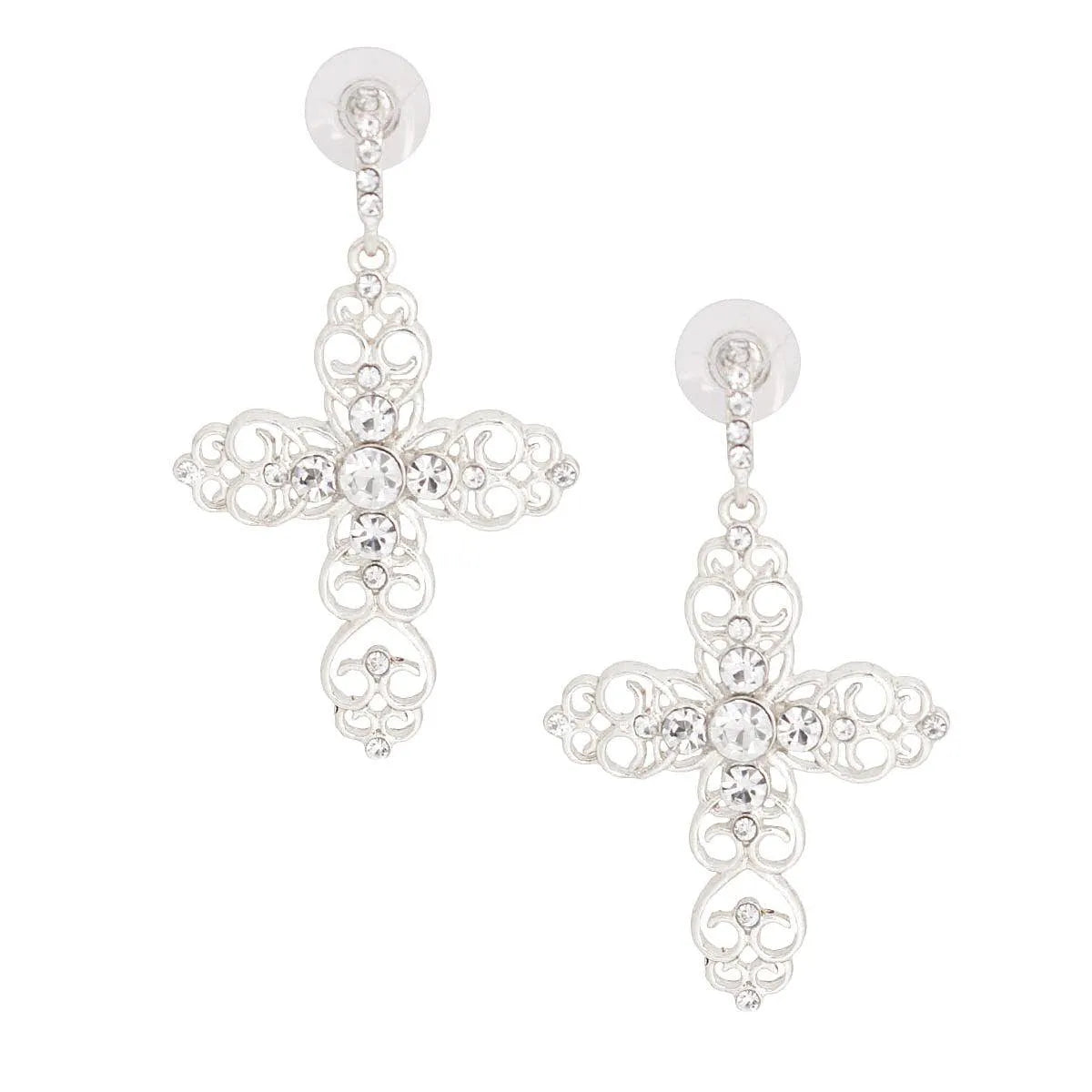 Shimmer Open Cross Drop Earrings Silver Tone Jewelry Bubble