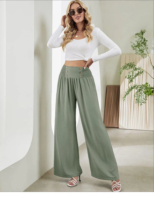 Shirred Elastic Waist High Waist Buttoned Wide Leg Pants Jewelry Bubble