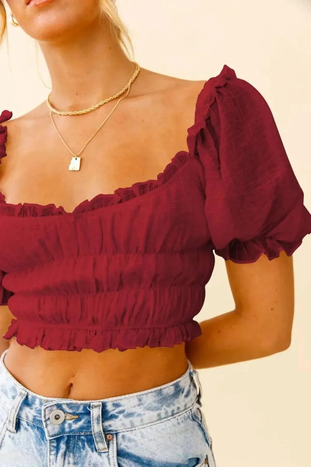 Shirred Ruffled Sleeve Solid Crop Top