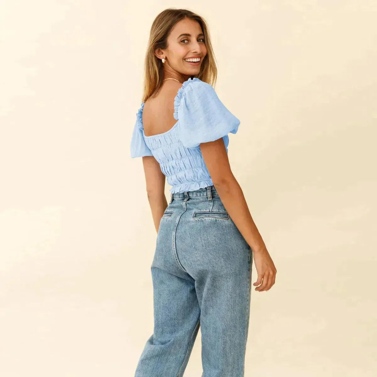 Shirred Ruffled Sleeve Solid Crop Top