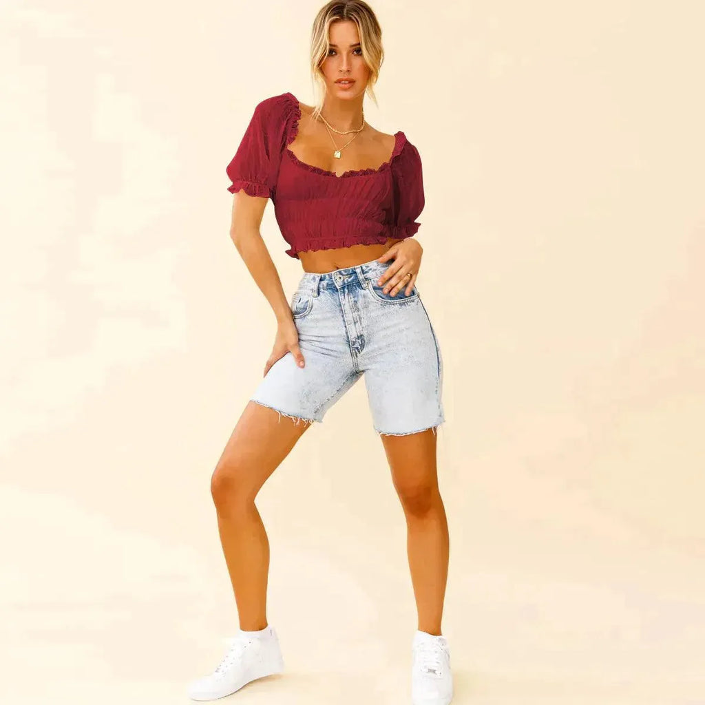 Shirred Ruffled Sleeve Solid Crop Top