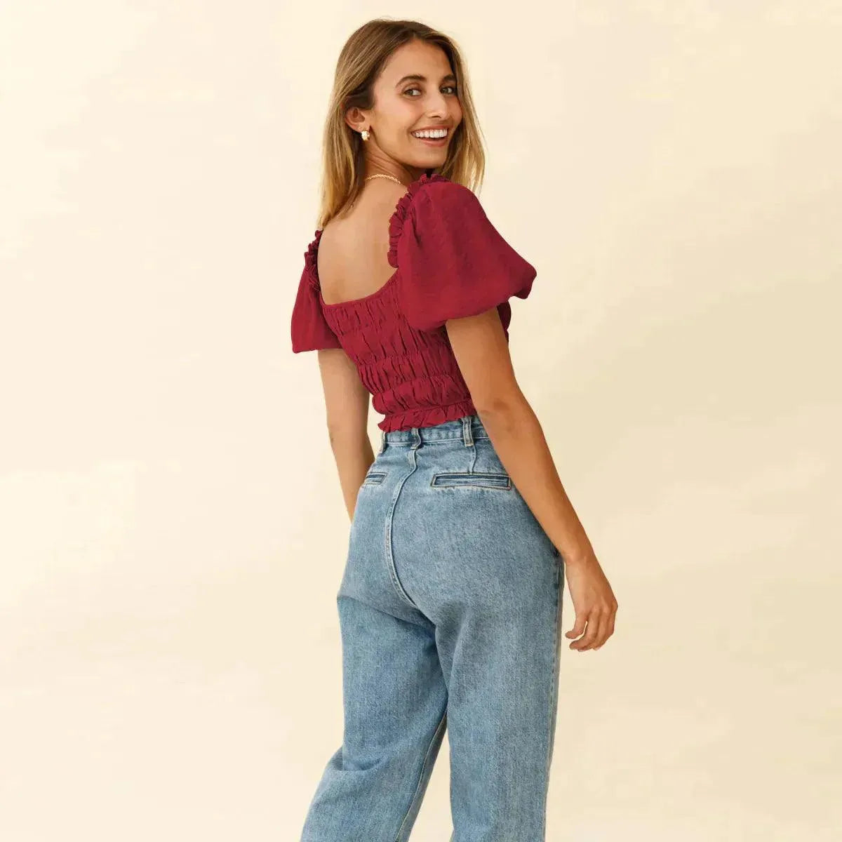 Shirred Ruffled Sleeve Solid Crop Top