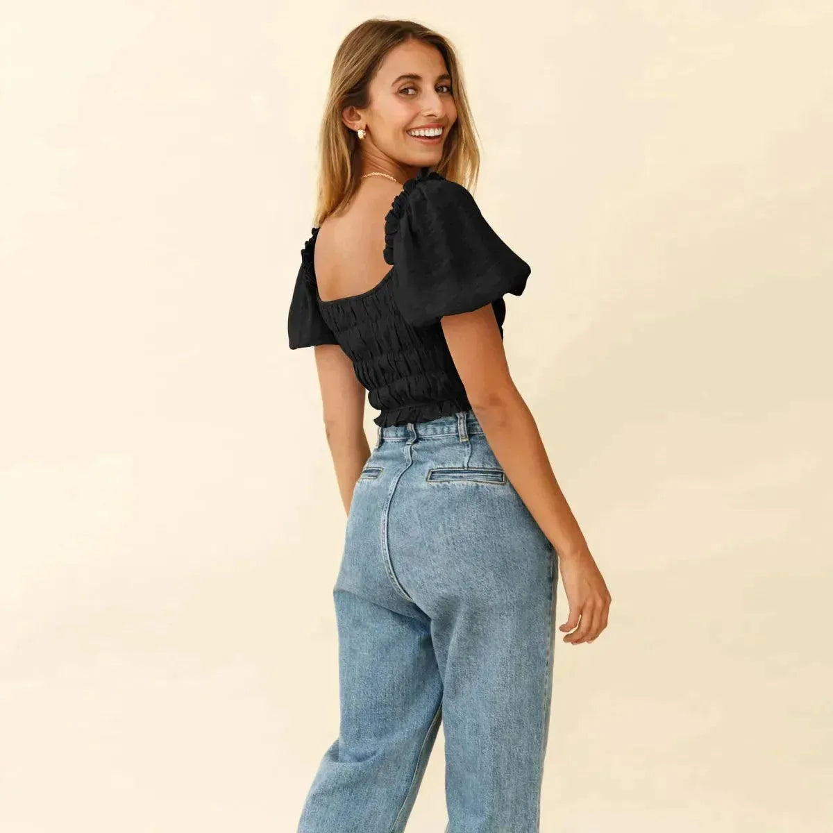 Shirred Ruffled Sleeve Solid Crop Top