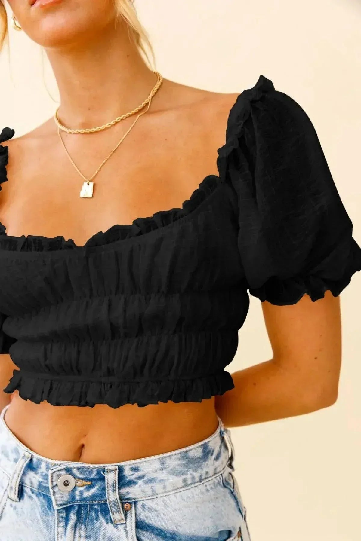 Shirred Ruffled Sleeve Solid Crop Top