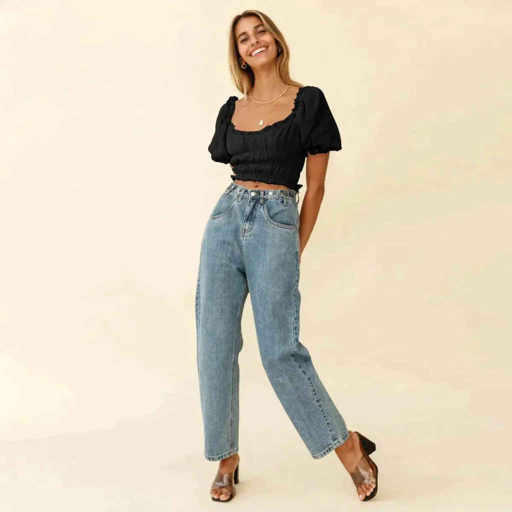 Shirred Ruffled Sleeve Solid Crop Top
