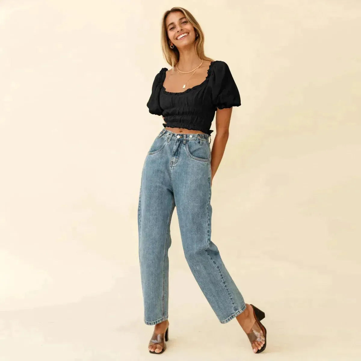 Shirred Ruffled Sleeve Solid Crop Top