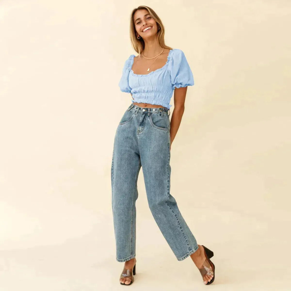 Shirred Ruffled Sleeve Solid Crop Top