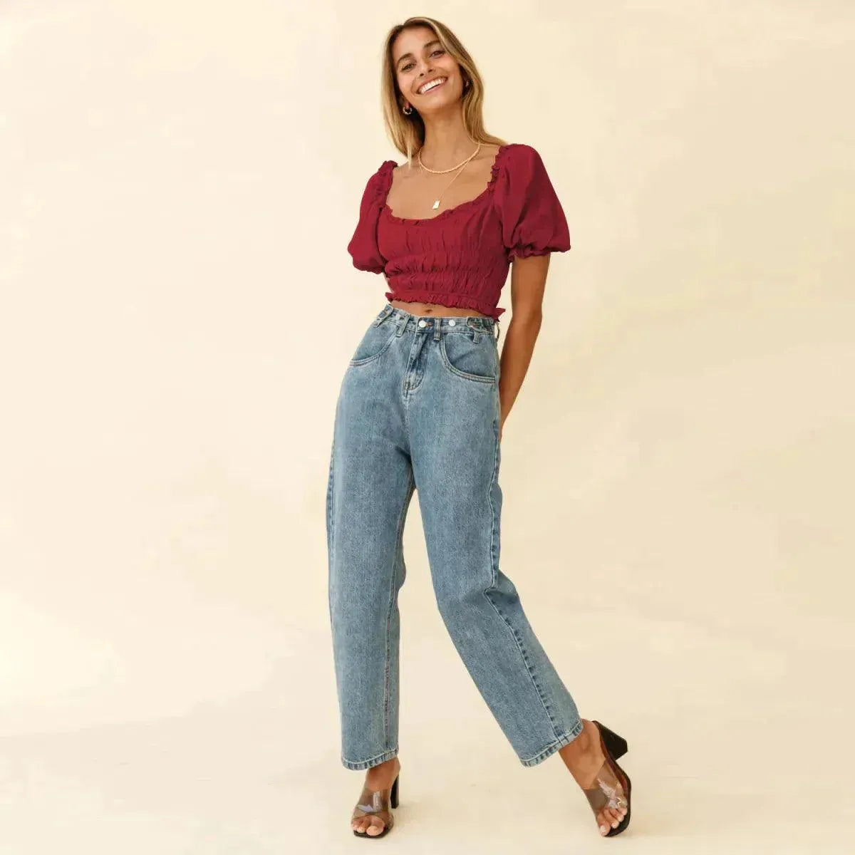 Shirred Ruffled Sleeve Solid Crop Top
