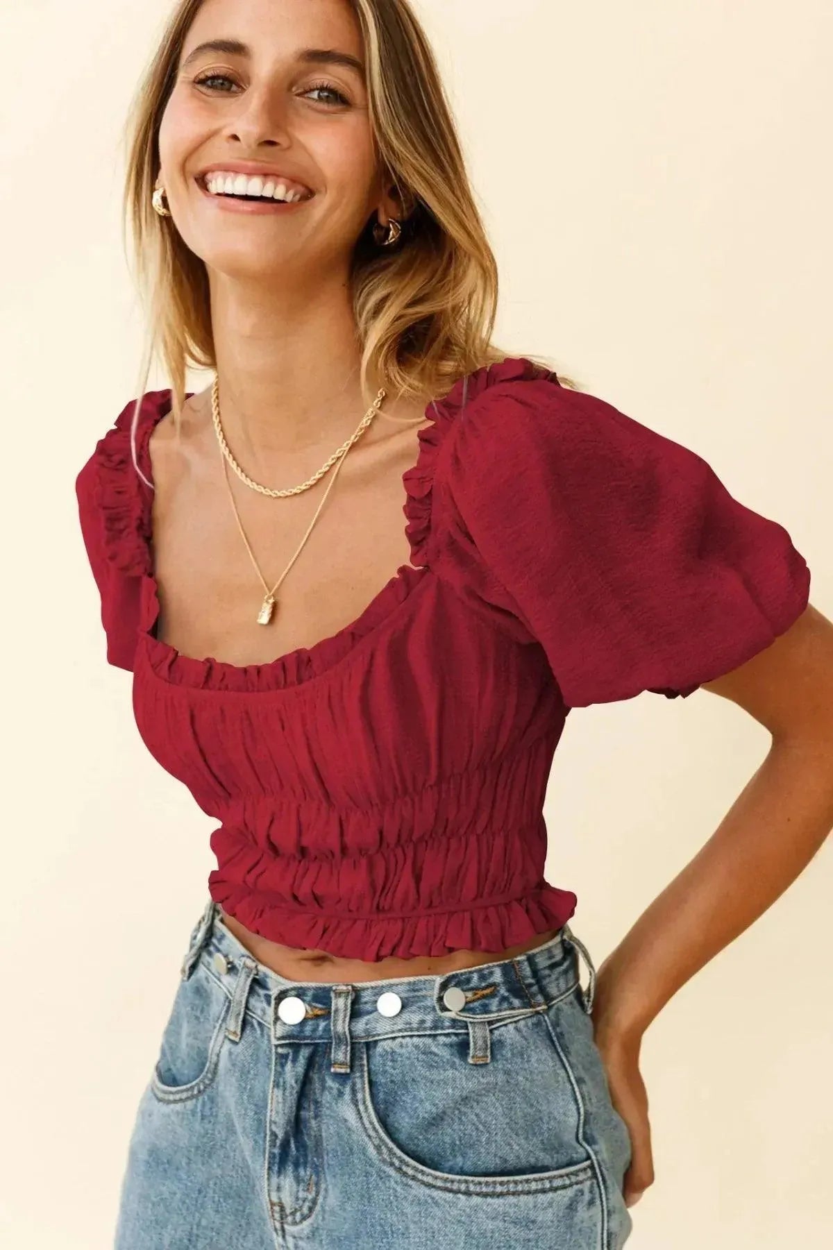 Shirred Ruffled Sleeve Solid Crop Top