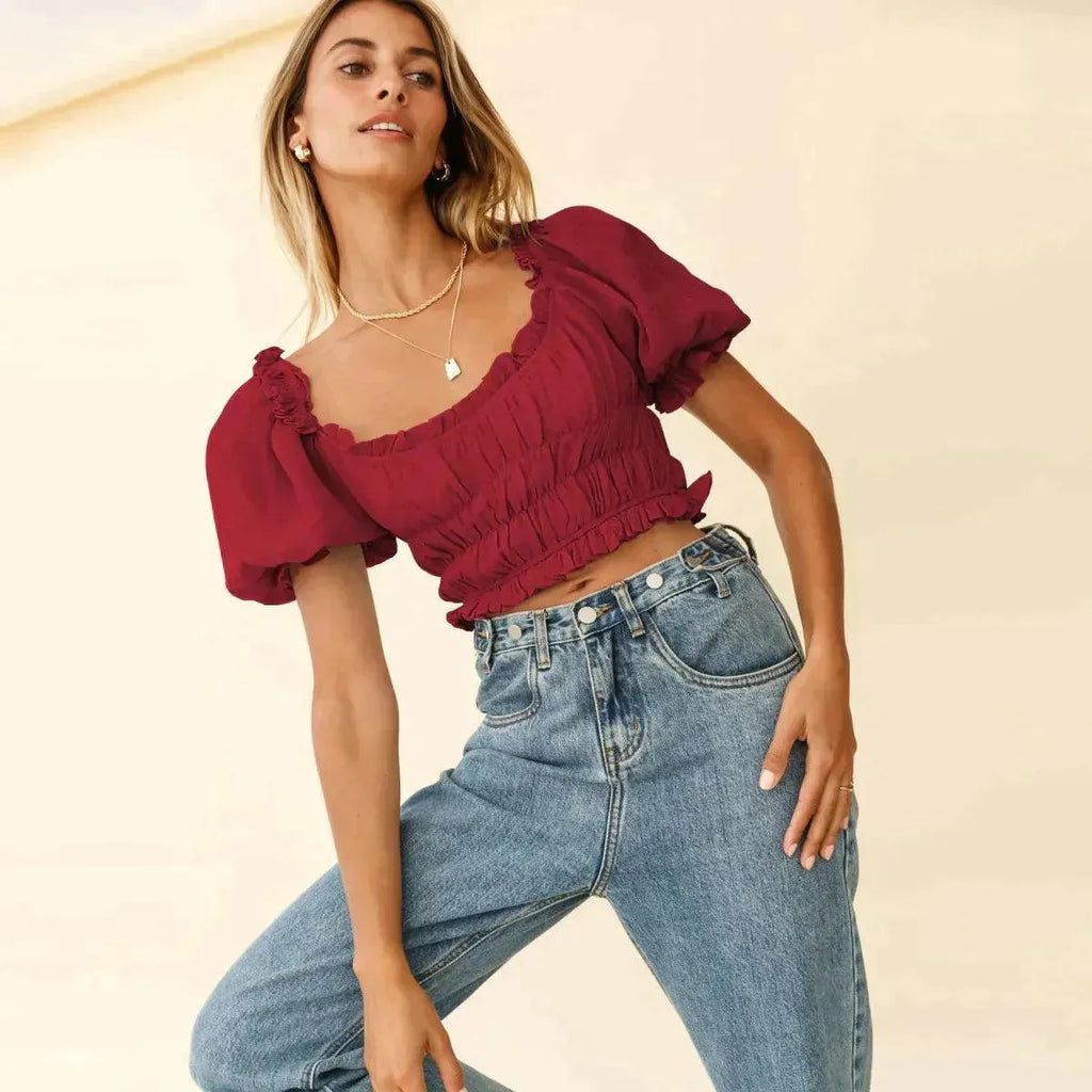 Shirred Ruffled Sleeve Solid Crop Top