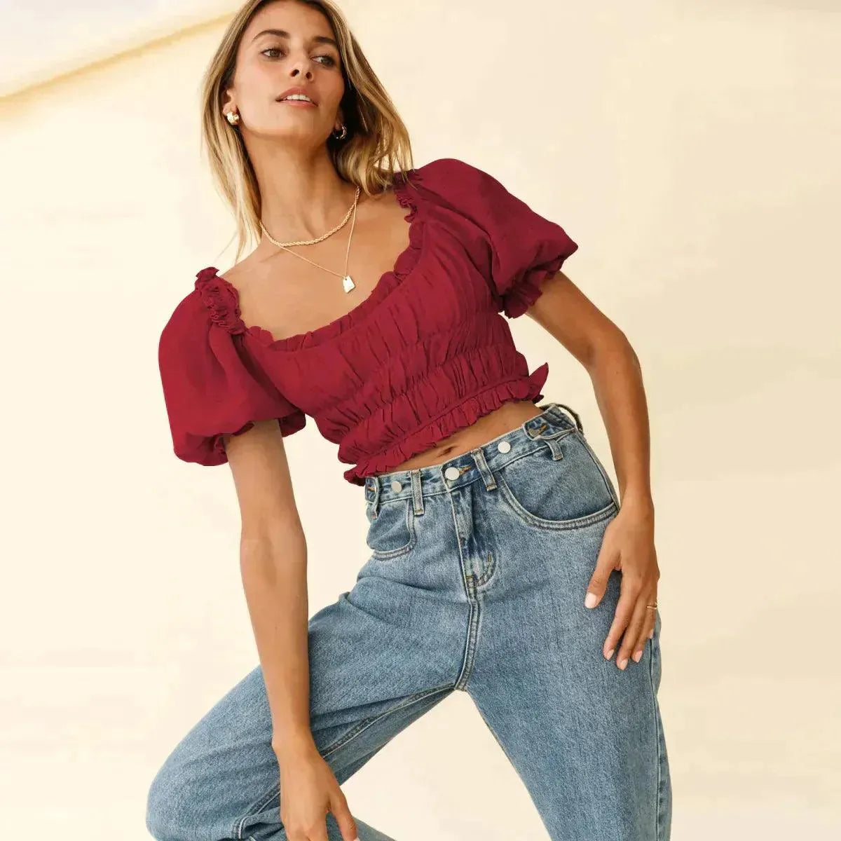Shirred Ruffled Sleeve Solid Crop Top