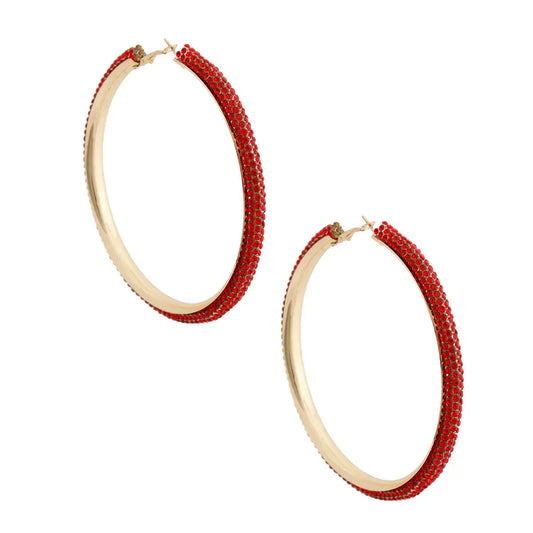 Shop 3.5" Boho Pave Red Rhinestone Gold Tone Hoop Earrings Pinktown