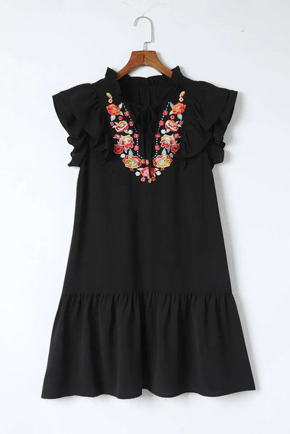 Shop Our Floral Embroidered Ruffle Sleeve Black Mini Dress for a Chic and Feminine Look! Jewelry Bubble