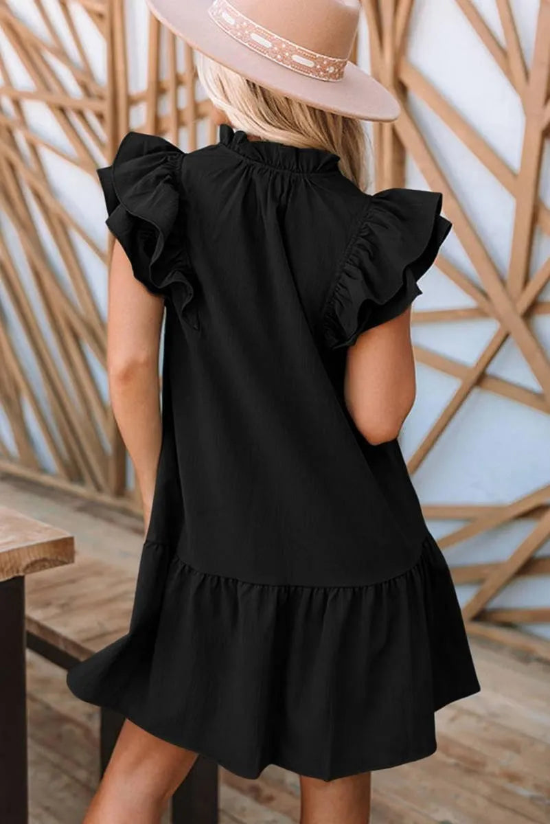 Shop Our Floral Embroidered Ruffle Sleeve Black Mini Dress for a Chic and Feminine Look! Jewelry Bubble