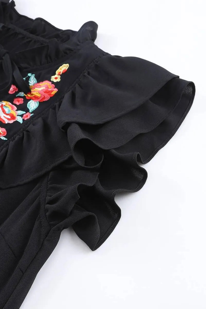 Shop Our Floral Embroidered Ruffle Sleeve Black Mini Dress for a Chic and Feminine Look! Jewelry Bubble