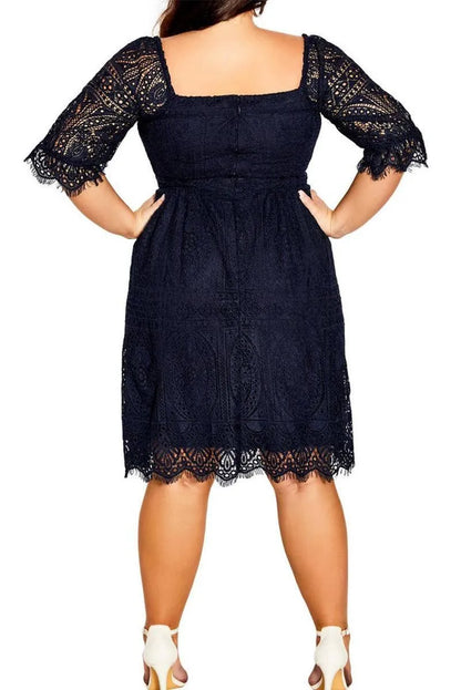 Shop Plus Size Black Dress with Eyelash Lace Square Neck Jewelry Bubble