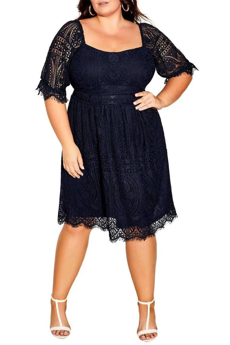 Shop Plus Size Black Dress with Eyelash Lace Square Neck Jewelry Bubble