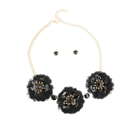 Shop Stylish Black Fabric Floral Necklace, Stud Set - Upgrade Your Style Now! Jewelry Bubble