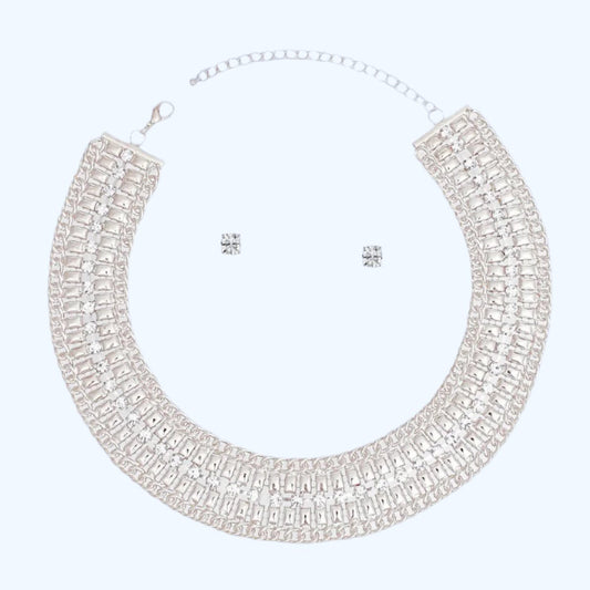 Silver Crystal Mesh Necklace & Earring Set - Elegant Statement Jewelry for Women Pinktown