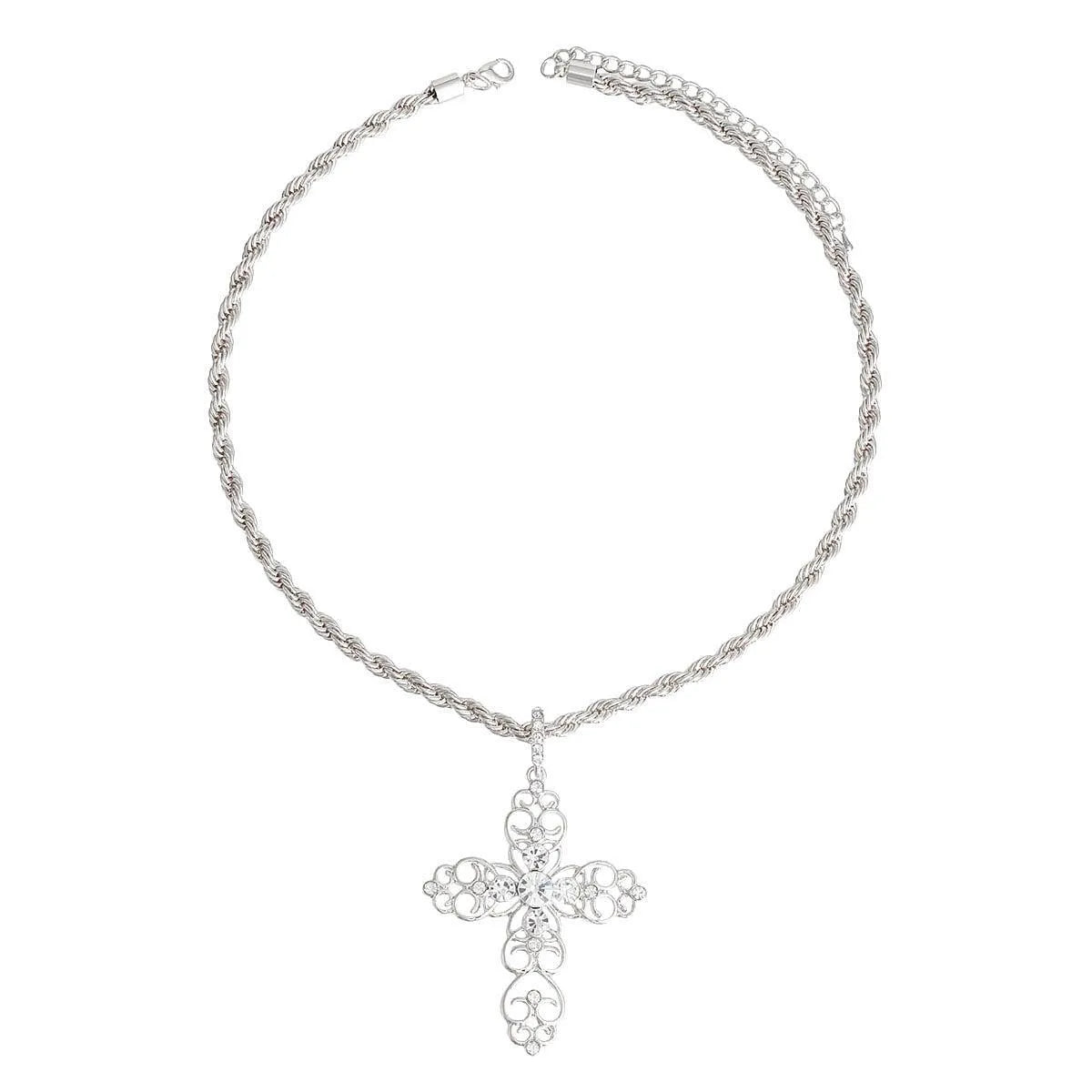 Silver Plated Filigree Cross Necklace Clear Rhinestones Jewelry Bubble