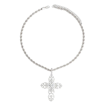 Silver Plated Filigree Cross Necklace Clear Rhinestones Jewelry Bubble