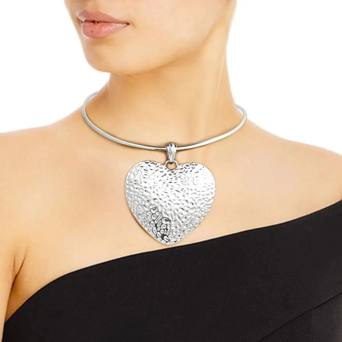 Silver Plated Heart Choker Necklace Set