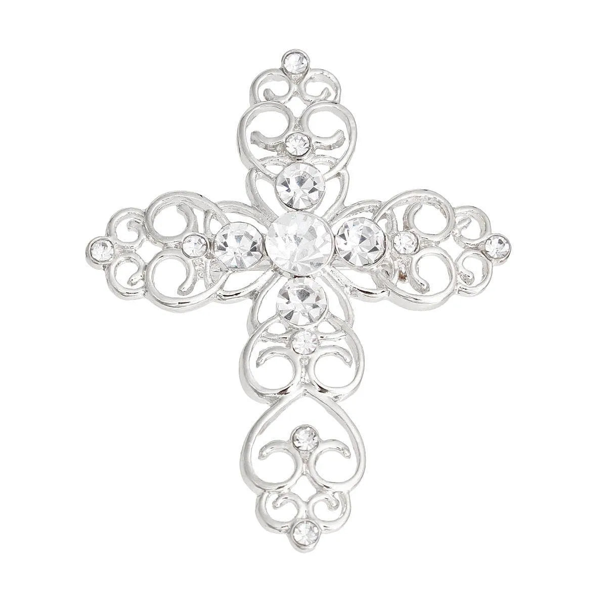 Silver Tone Filigree Clear Rhinestone Cross Brooch Pin Jewelry Bubble