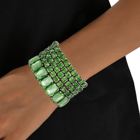 Silver-Tone Metal with Green Rhinestones Stretch Bracelet Set Jewelry Bubble