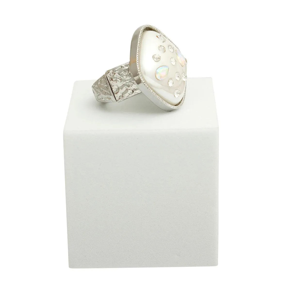 Silver Tone, Resin Pearl & Rhinestone Square Ring Jewelry Bubble