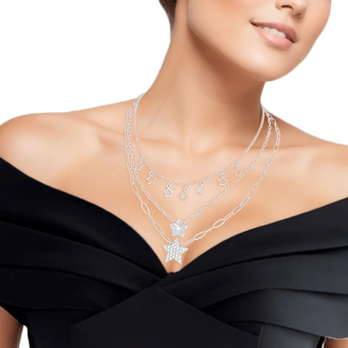 Silver Tone Star Layered Necklace Set - Complement Any Outfit Jewelry Bubble