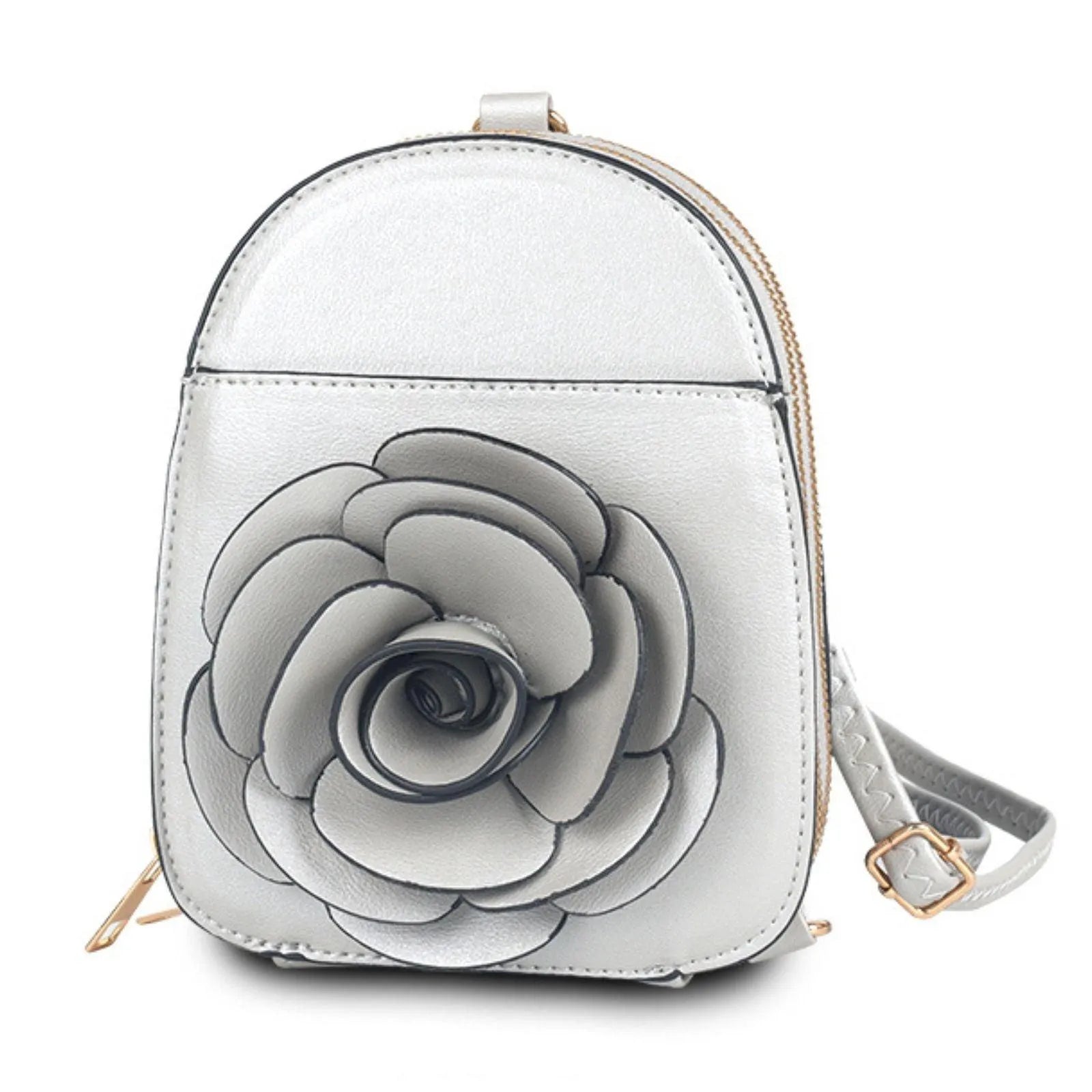 Silver Vegan Leather Floral Mini Backpack: Stylish & Secure Jewelry Bubble