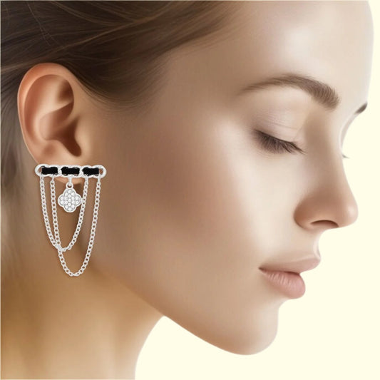 Silver Woven Bar Stud Earrings with Clover Charm Pinktown