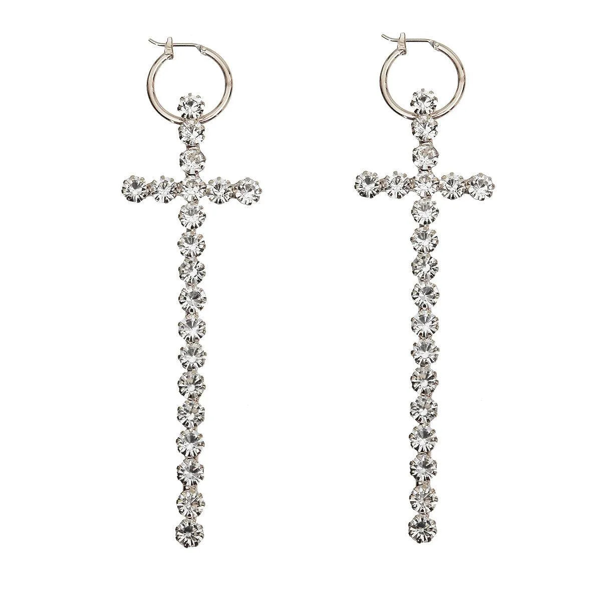 Silver-tone Embellished Rhinestone Cross Drop Earrings Jewelry Bubble