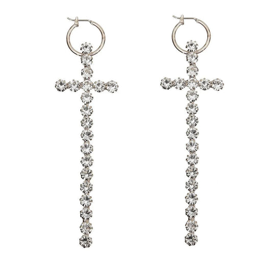 Silver-tone Embellished Rhinestone Cross Drop Earrings Jewelry Bubble