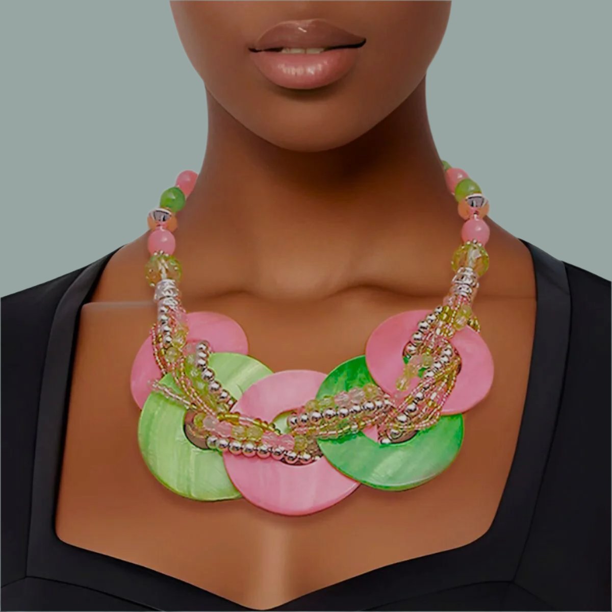 Silver with Pink and Green Beaded Necklace Set – Unique Vibrance for Every Occasion Jewelry Bubble