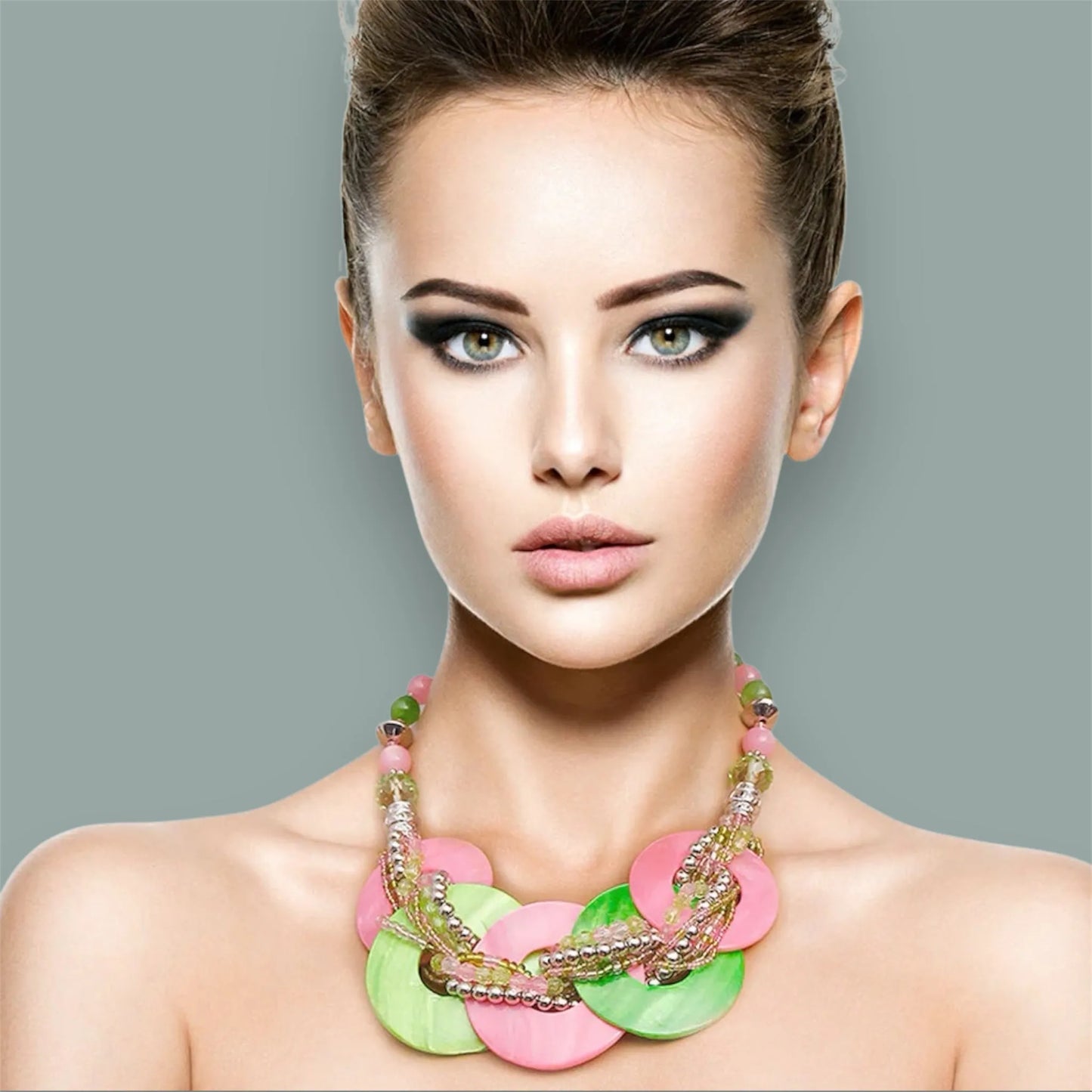 Silver with Pink and Green Beaded Necklace Set – Unique Vibrance for Every Occasion Jewelry Bubble