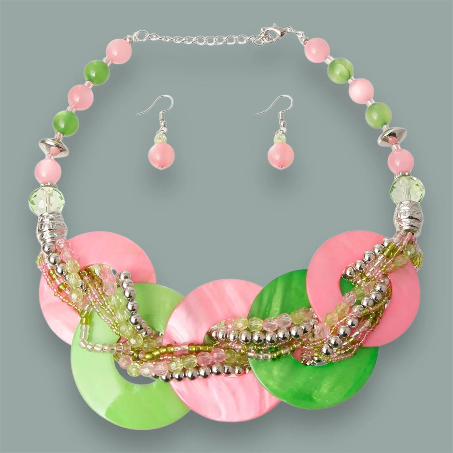 Silver with Pink and Green Beaded Necklace Set – Unique Vibrance for Every Occasion Jewelry Bubble