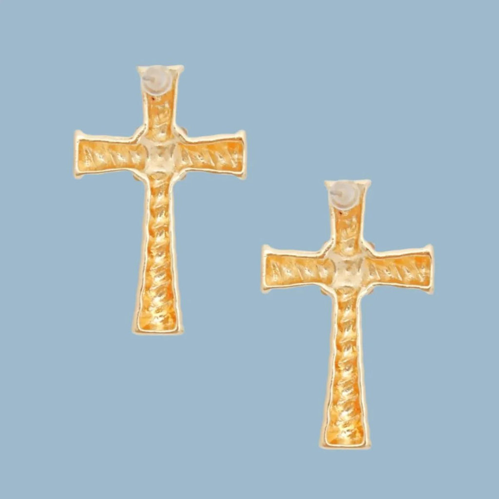 Small Cross Stud Earrings in Gold Tone Texture