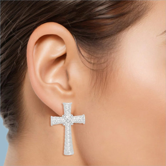 Small Cross Stud Earrings in Silver Tone Texture Jewelry Bubble