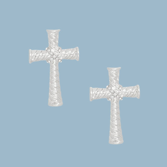 Small Cross Stud Earrings in Silver Tone Texture Pinktown