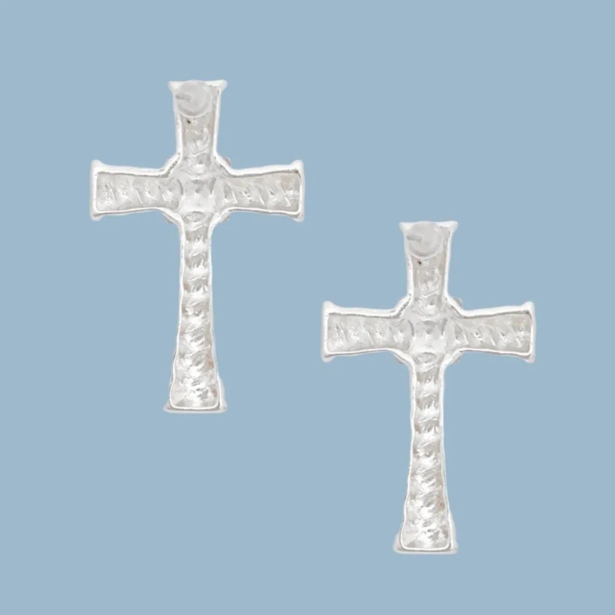 Small Cross Stud Earrings in Silver Tone Texture
