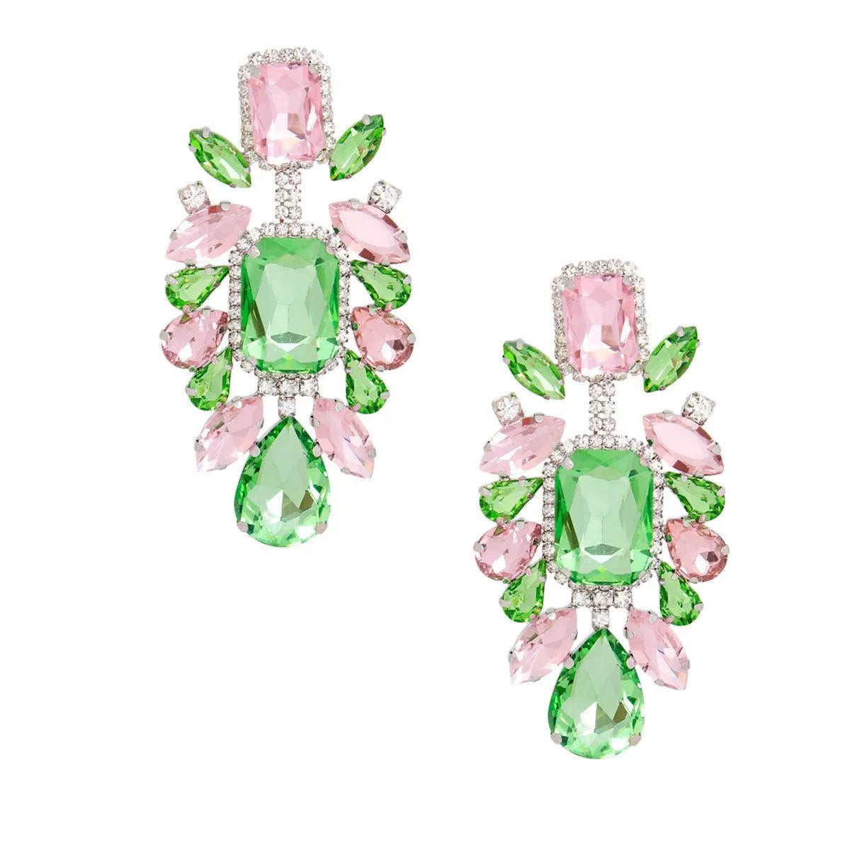 Sparkling Pink and Green Glass Crystal Clip-On Earrings with High-Quality Silver Tone - Elegant Rhinestone Fashion Statement Jewelry Bubble