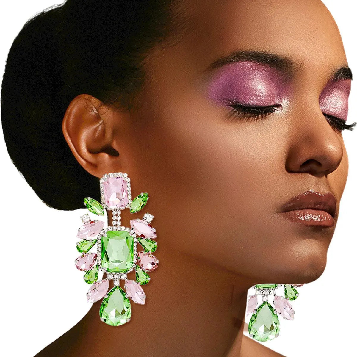 Sparkling Pink and Green Glass Crystal Clip-On Earrings with High-Quality Silver Tone - Elegant Rhinestone Fashion Statement Jewelry Bubble