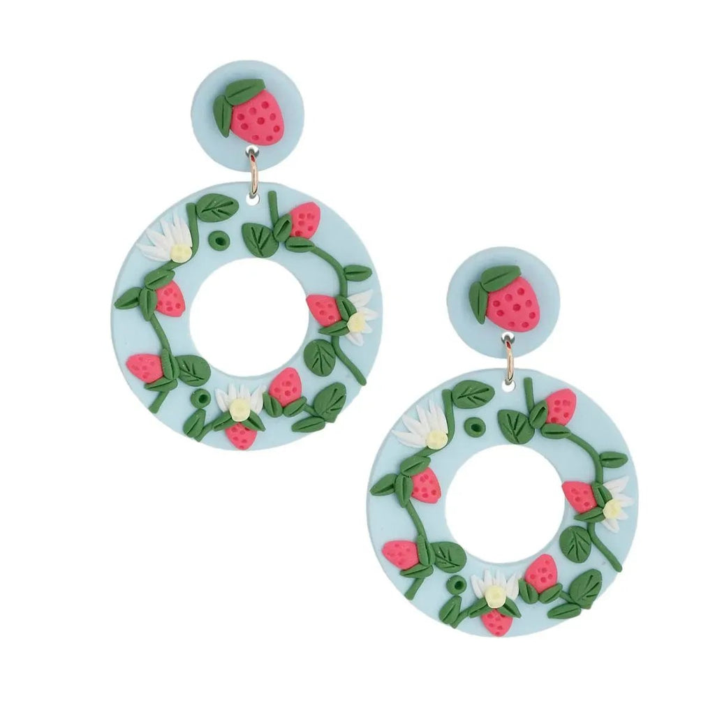 Strawberry-Topped Blue Hoops: Sweetest Earrings