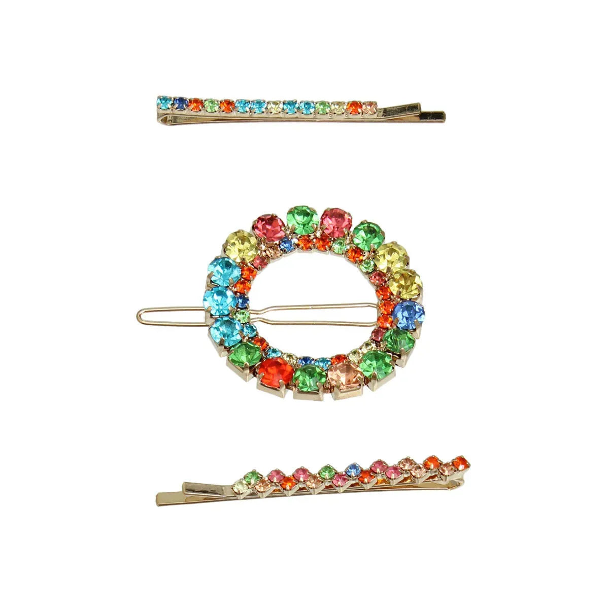 Stunning 3 Pcs Gold Metal & Multicolor Rhinestone Bobby Pin Hair Set Jewelry Bubble