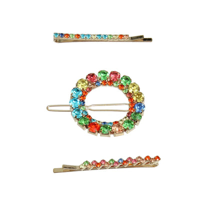 Stunning 3 Pcs Gold Metal & Multicolor Rhinestone Bobby Pin Hair Set Jewelry Bubble