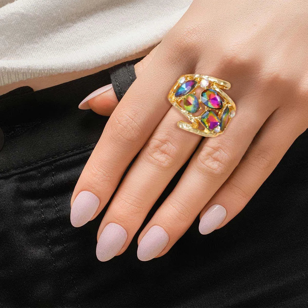 Stunning Curved Cocktail Ring Pink Green Mix-up Jewelry Bubble