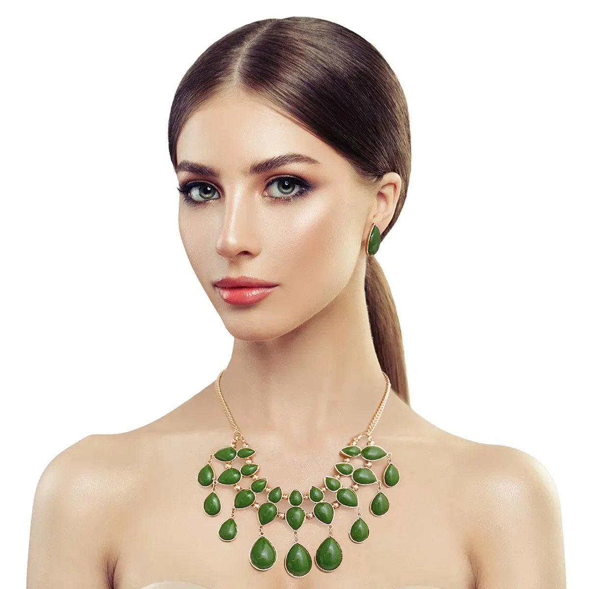 Stunning Draped Green Beads Necklace & Earrings Set - Must-Have Jewelry