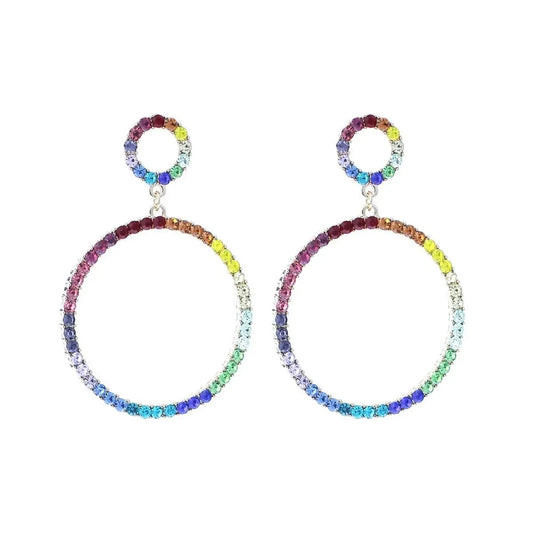 Stunning Gold & Rainbow Rhinestone Double Circle Drop Earrings – Stylish Statement Fashion Jewelry Pinktown