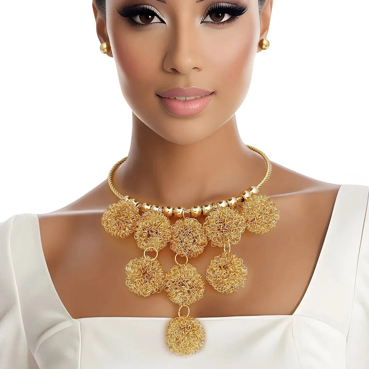 Stunning Gold Twisted Orb Bib Necklace Set Jewelry Bubble